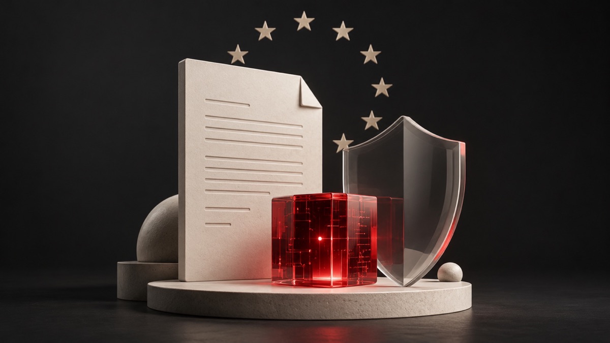 Un documento, un escudo y un cubo rojo bajo un arco de estrellas de la Unión Europea.