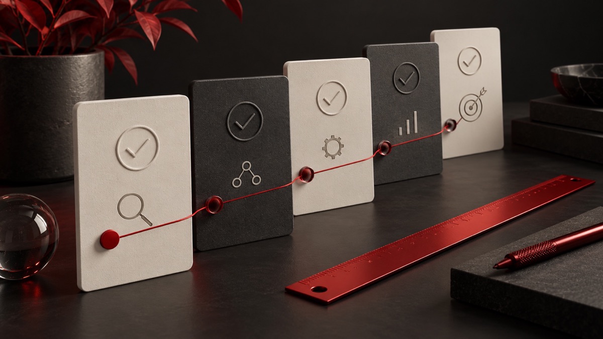 Cinco tarjetas en fila con iconos de lupa, red, engranaje, gráfico y diana, unidas por una línea roja.