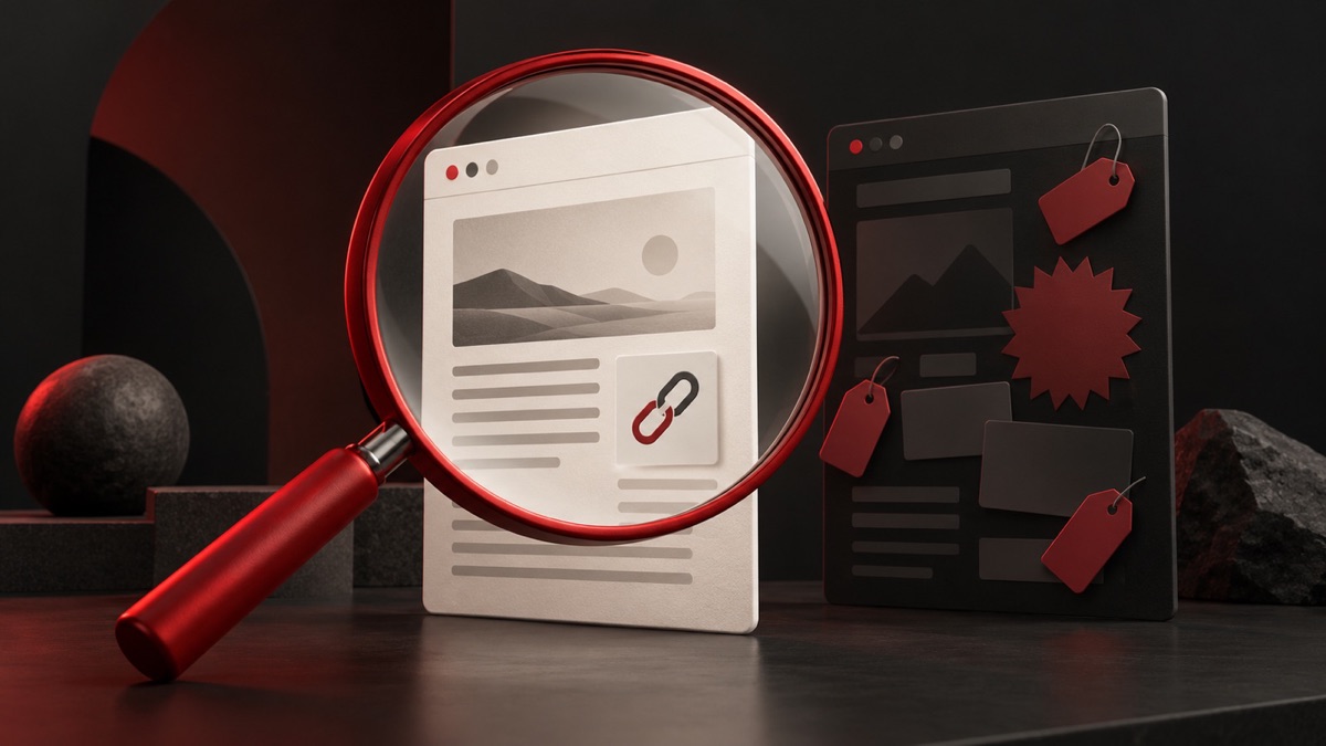 Una lupa roja sobre una página web, junto a otra página llena de etiquetas de oferta.