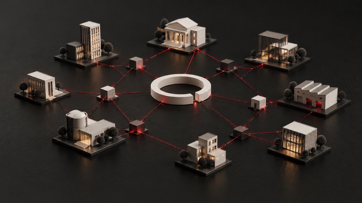 Maqueta de edificios conectados por líneas rojas alrededor de un anillo central.